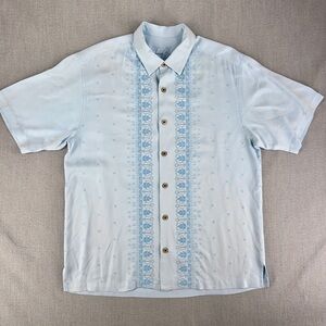 Tommy Bahama 100% Silk Mens L Short Sleeve Button Hawaiian Tiki Shirt Blue Camp